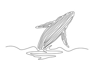 Continuous one line drawing of whale jumping. Simple illustration of humpback whale line art vector illustration © Line addict
