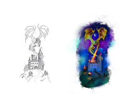 dragon wyvern type draco africanus tattoo stencils and colored picture. Dragon breathing fire on the castle. Dragon in the mid flight attacking the castle tattoo design concept with stencils