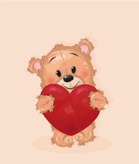 teddy smiling bear with a red heart on a beige background in a flat style