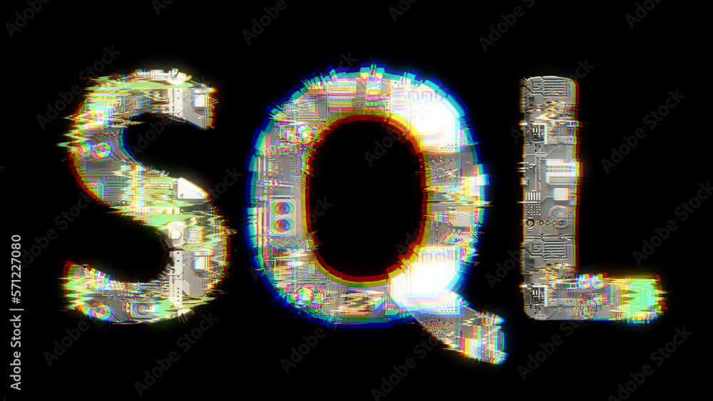 Poster glitch and chromatic aberrations cybernetic text sql on black, isolated - object 3d illustration