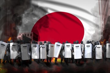 Japan police swat on city street are protecting government against demonstration - protest fighting concept, military 3D Illustration on flag background