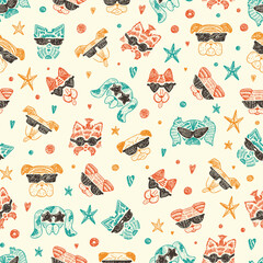 Hand Drawn Doodle Cute Stylish Trendy Hipster Dogs with Sunglasses Vector Seamless pattern
