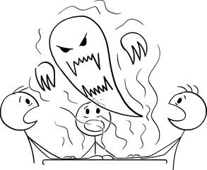Seance Session Invoked Evil Ghost or Demon , Vector Cartoon Stick Figure Illustration