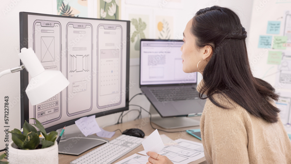 Poster computer, design and phone with a business woman planning an application development in her office a