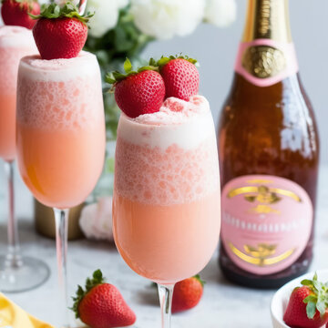 Strawberry cream mimosas served at parties. Created using generative AI and image editing software.