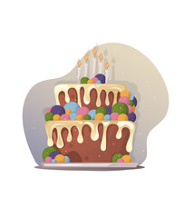 birthday cake with chocolate cakes and butter cream decorated with colorful candies and candles on an abstract background in a flat style