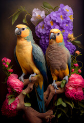 Colorful parrots on branch with wild flowers. Creative animal portrait. Generative AI