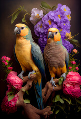Obraz premium Colorful parrots on branch with wild flowers. Creative animal portrait. Generative AI