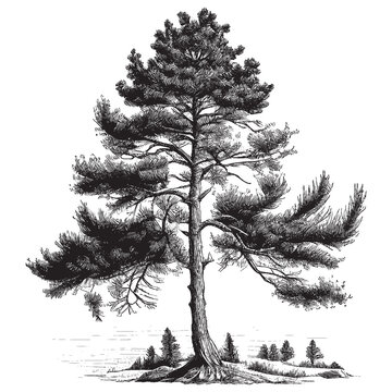 Hand Drawn Engraving Pen and Ink Pine Tree Vintage Vector Illustration