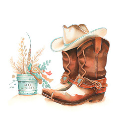Cowboy boots and hat, still life with flowers. Watercolor illustration created with Generative Ai technology	
