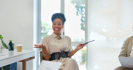 Business woman, talking or diversity training on tablet, paper or documents in company, office or workshop feedback. Mentor, speaker or leadership on technology in meeting, collaboration or teamwork