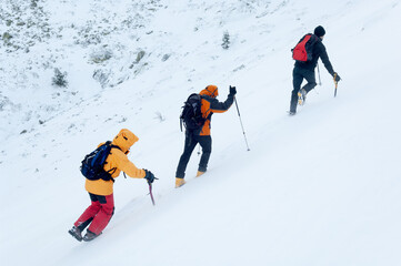 Snowshoe hikers climbing a snowy mountain