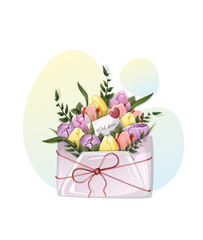 bouquet of yellow, lilac, red and pink tulips, decorated with ornamental plants in a rosy envelope tied with a ribbon on an abstract background in a flat style