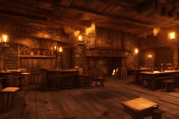 Fantasy medieval tavern background with grand fireplace. 3d rendering - generative ai