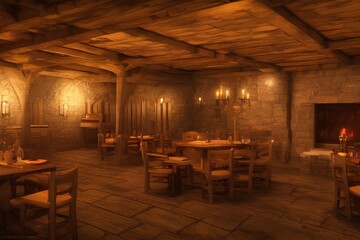 Fantasy medieval tavern background with grand fireplace. 3d rendering - generative ai