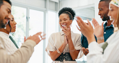 Business people, diversity and clapping in high five, teamwork or collaboration in company growth,...