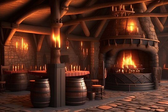 Fantasy medieval tavern background with grand fireplace. 3d rendering - generative ai