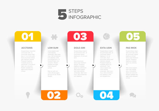 Five white steps progress page template with color numbers and icons