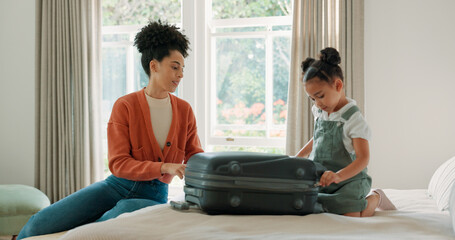 Travel, luggage and mom packing with child in bedroom getting ready for trip. Helping hands, black...