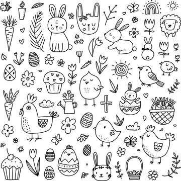Cute Happy Easter doodle set. Black and white outline vector illustration. Drawing clip art isolated on white background