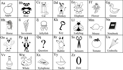 Black and white english alphabet with cute image. Alphabet template for kindergarten. Material for home education of children.