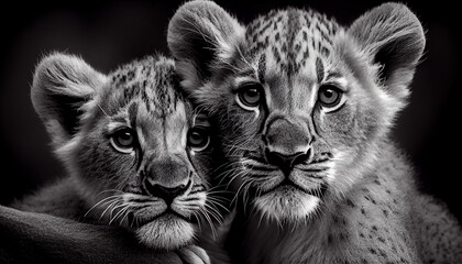 Fototapeta na wymiar Schwarz weiß Portrait von zwei Löwenbabys. Perfektes Wandbild - Generative Ai
