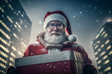 Santa Claus with a gift box. holiday delivery concept