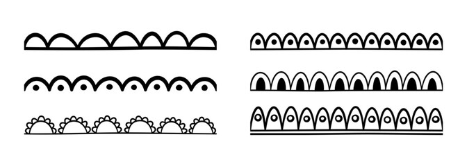 Obraz premium Doodle scalloped edge seamless brush stroke. Hand drawn scalloped border. Fabric laces silhouette. Repeat cute vintage frill ornament. Texture ribbon. Vector illustration isolated on white background.