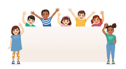 Smiling kids boys and girls standing behind empty blank board waving hands isolated vector illustration. Multiethnic happy children with placard.