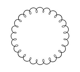 Doodle circle scalloped frame. Hand drawn scalloped edge ellipse shape. Simple round label form. Flower silhouette lace frame. Vector illustration isolated on white background.
