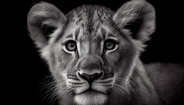 Schwarz weiß Portrait von einem Baby Löwe. Perfektes Wandbild - Generative Ai