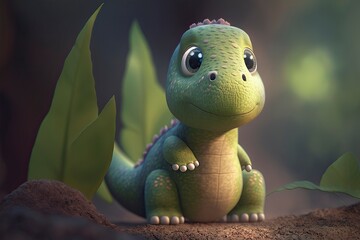 green cute baby dinosaur with blur background, creative ai