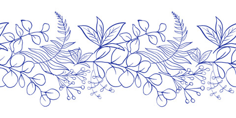 Seamless border with Blue Fern, Eucalyptus and Herbs on white background. Chinoiserie inspired.