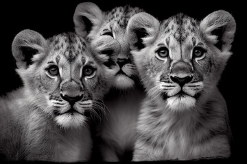 Schwarz weiß Portrait von drei kleinen Löwenbabys. Perfektes Wandbild - Generative Ai