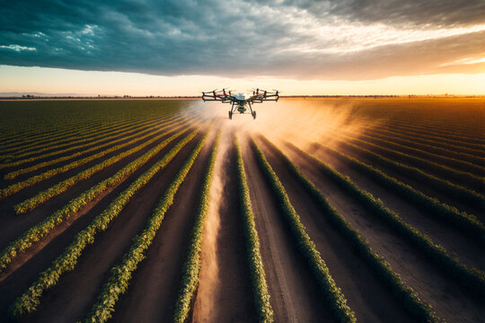 Agriculture drone spraying water or pesticides to grow over green field, Generative AI