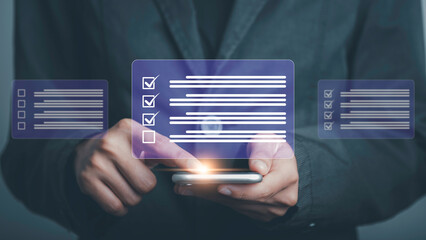 Digital work checklist or electronic smart daily checklist concept. Check mark on virtual screen display for personal working in office Document Management System and process automation.