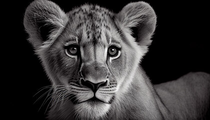 Schwarz weiß Portrait von einem Löwenwelpe. Perfektes Wandbild - Generative Ai