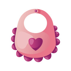 Cute pink bib for baby feeding. Silicone or plastic breastplate with heart. Baby shower invitation. It's a girl. Hello baby celebration, holiday, event. Banner, flyer. Cartoon illustration