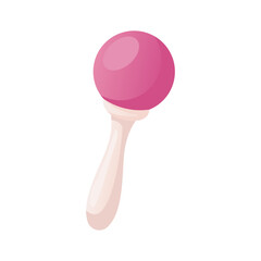 Cute pink rattle baby toy with a handle. Ratchet newborn care goods. Baby shower invitation. It's a girl. Hello baby celebration, holiday, event. Banner, flyer. Cartoon illustration
