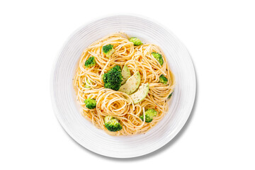 Isolated broccoli and avocado pasta with grated cheese, top view