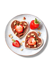 Isolated breakfast for two, Valentines day food for couple in love with chocolate toasts and strawberry