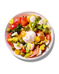 Isolated fresh mediterranean salad with tomatoes and burrata cheese, top view