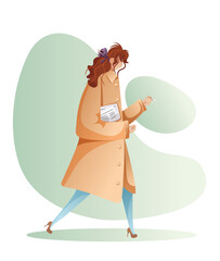 a girl in a beige coat, shoes with a newspaper under her arm, with a cigarette, on a green abstract background in a flat style