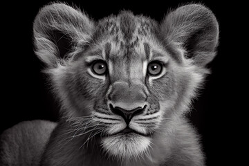 Fototapeta na wymiar Schwarz weiß Portrait von einem Löwenwelpe. Perfektes Wandbild - Generative Ai