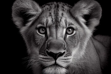 Fototapeta na wymiar Schwarz weiß Portrait von einem Löwenbaby. Perfektes Wandbild - Generative Ai