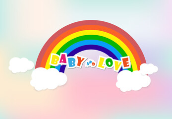 A Colorful Rainbow and soft white Clouds, with space for text, kids and family love concept banner design, Vector Illustration