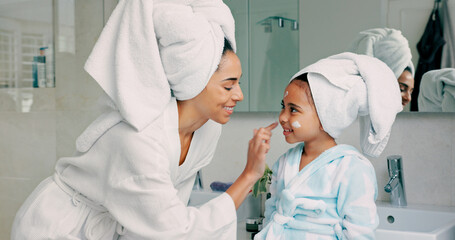 Home spa, mother and child doing morning beauty cleaning with family product for dermatology,...