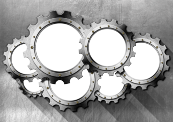 Group of seven empty metal gears (cogwheels) on stainless metal background with copy space (white or transparent background) and shadows. 3D illustration, png.