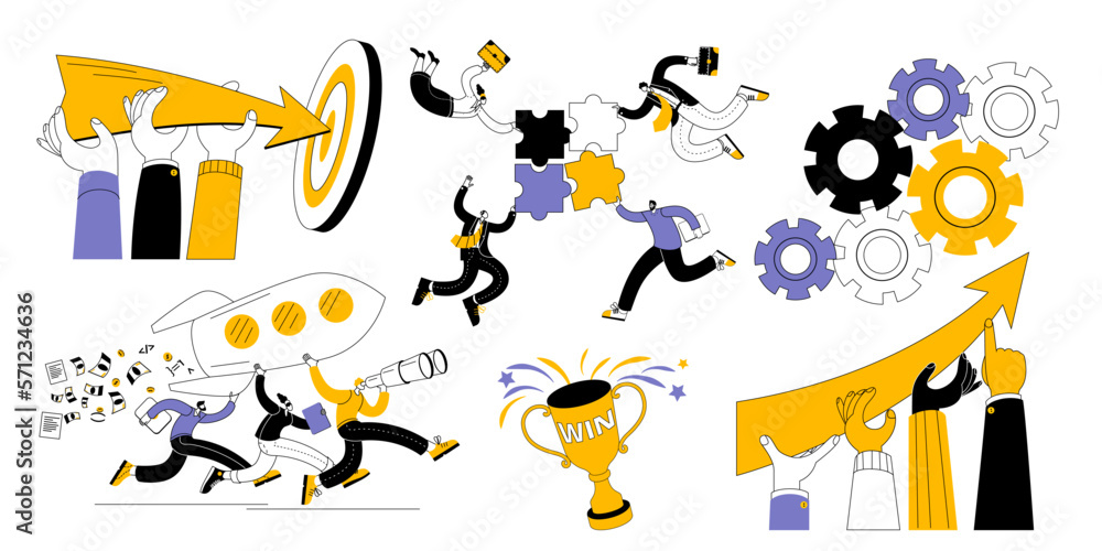 Aufkleber a friendly team launches and supports the development of a new project. a set of vector illustration