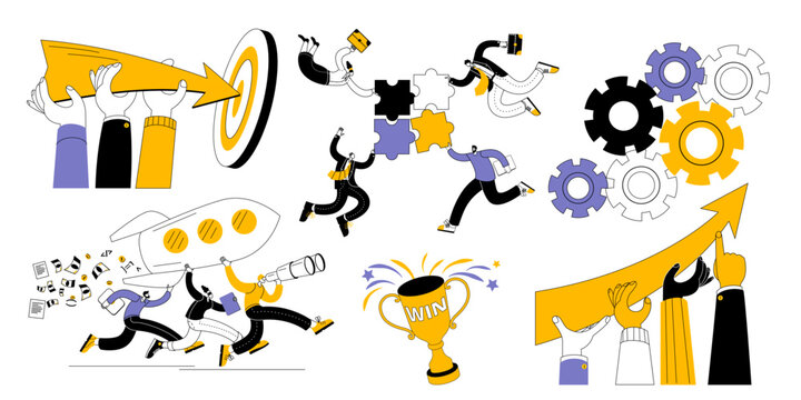 A friendly team launches and supports the development of a new project. A set of vector illustrations on the topic of team work and the launch of a startup.